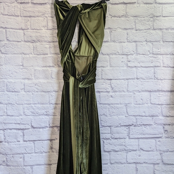 Revelry Micah Convertible Velvet Dress S Olive Green Maxi Bridesmaid Cocktail - Picture 5 of 7